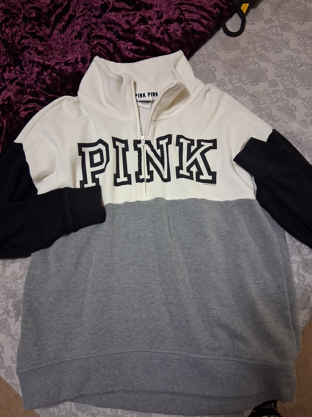 PINK Victoria's Secret Cream, Black & Gray Colorblock Quarter-Zip Sweatshirt